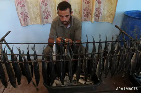 A Palestinian man prepares mackerels to be smoked and sold at a market ahead of the Eid al-Fitr holiday on July 2, 2016 in Khan Yunis, in the southern Gaza Strip. Eid al-Fitr marks the end of Muslim's holy fasting month...