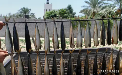 Palestinian men smoke mackerels that they will sell at a market ahead of the Eid al-Fitr holiday on July 2, 2016 in Khan Yunis, in the southern Gaza Strip. Eid al-Fitr marks the end of Muslim's holy fasting month of Rama...