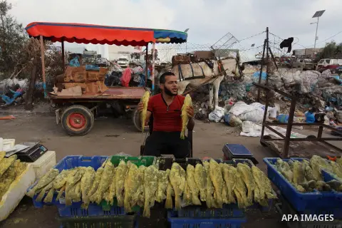 A Palestinian vendor displays salted fish at a market ahead of the Eid al-Fitr holiday, in Nuseirat refugee camp in the central Gaza Strip, on July 4, 2016. Eid al-Fitr marks the end of Muslim's holy fasting month of Ram...