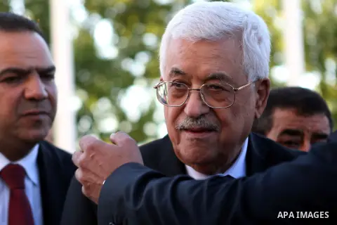 Palestinian President Mahmoud Abbas speaks to media following morning prayers for Eid al-Fitr celebrations, which marks the end of the holy fasting month of Ramadan, in the West Bank city of Ramallah July 6, 2016. Photo...