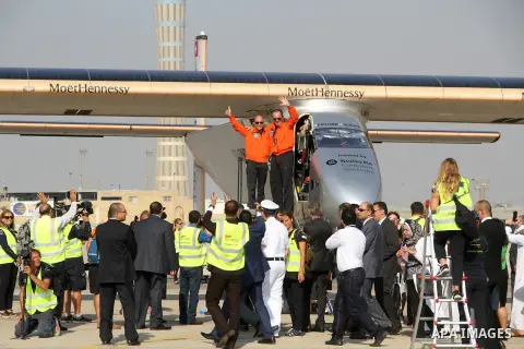 Solar Impulse 2, the solar powered plane, lands at Cairo International Airport on July 13, 2016, for the penultimate stage of its world tour. The experimental plane had completed the first solo transatlantic flight power...