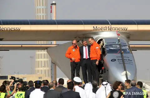 Solar Impulse 2, the solar powered plane, lands at Cairo International Airport on July 13, 2016, for the penultimate stage of its world tour. The experimental plane had completed the first solo transatlantic flight power...