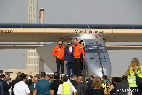 Solar Impulse 2, the solar powered plane, lands at Cairo International Airport on July 13, 2016, for the penultimate stage of its world tour. The experimental plane had completed the first solo transatlantic flight power...