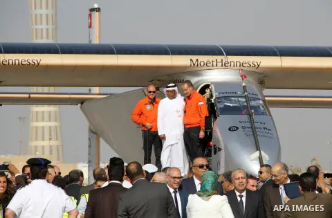 Solar Impulse 2, the solar powered plane, lands at Cairo International Airport on July 13, 2016, for the penultimate stage of its world tour. The experimental plane had completed the first solo transatlantic flight power...