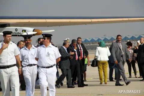 Solar Impulse 2, the solar powered plane, lands at Cairo International Airport on July 13, 2016, for the penultimate stage of its world tour. The experimental plane had completed the first solo transatlantic flight power...
