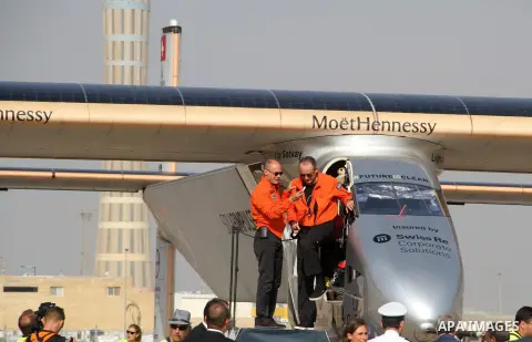 Solar Impulse 2, the solar powered plane, lands at Cairo International Airport on July 13, 2016, for the penultimate stage of its world tour. The experimental plane had completed the first solo transatlantic flight power...