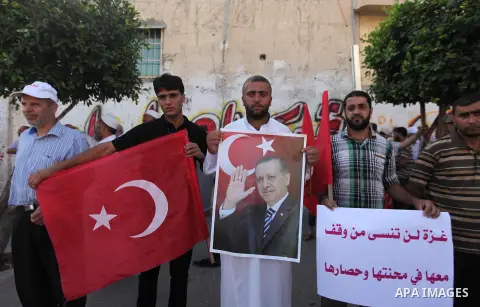 Palestinians hold banners during a protest against military coup attempt in Turkey, in Khan Younis in the southern Gaza strip, on July 16, 2016. President Recep Tayyip Erdogan battled to regain control over Turkey on Jul...