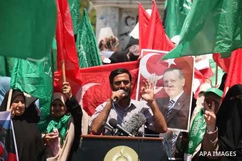 Mushir Al Masri, a Hamas MP and media spokesman speaks during a protest against the military coup attempt in Turkey, during a demonstration in Gaza City, on July 17, 2016. Turkish authorities wrested back control of the...