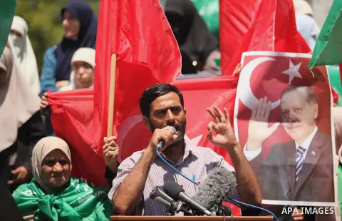 Mushir Al Masri, a Hamas MP and media spokesman speaks during a protest against the military coup attempt in Turkey, during a demonstration in Gaza City, on July 17, 2016. Turkish authorities wrested back control of the...