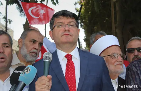 Turkish Consul, Mustafa Sarnic, take part in a protest against the military coup attempt in Turkey, in front of the Turkish consulate in east Jerusalem on July 18, 2016. Photo by Mahfouz Abu Turk