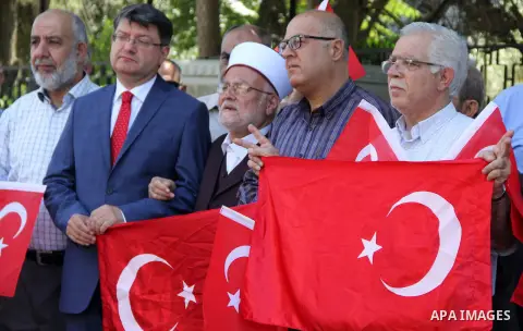 Turkish Consul, Mustafa Sarnic, take part in a protest against the military coup attempt in Turkey, in front of the Turkish consulate in east Jerusalem on July 18, 2016. Photo by Mahfouz Abu Turk