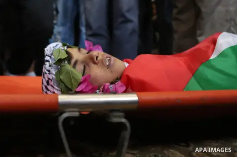 Palestinian carry the body of Muhey al-Tabakhi, 12, who was killed on Tuesday during a clash with Israeli troops, during his funeral in the West Bank town of Al-Ram, near Jerusalem July 20, 2016. Photo by Shadi Hatem
