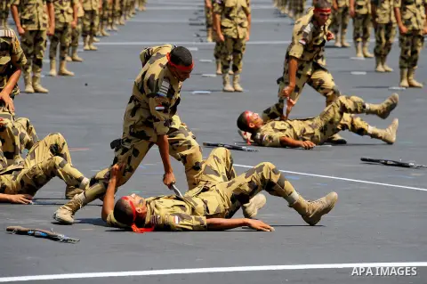 Egyptian forces demonstrate their skills during a military academy graduation ceremony in the capital, Cairo, on July 21, 2016. Photo by Egyptian President Office