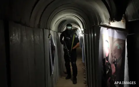 A member of the Ezzedine al-Qassam Brigades, the military wing of the Palestinian Islamist movement Hamas, walks inside a tunnel used for military exercises during a weapon exhibition at a Hamas-run youth summer camp, in...