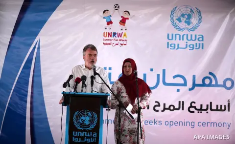 Director of UNRWA operations in Gaza Bo Shack, speaks during a summer camp organised by the United Nations on July 23, 2016 in Gaza City. Photo by Ashraf Amra