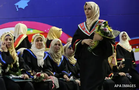 Palestinian students participate in their graduation ceremony at the Islamic University in Gaza city on July 23, 2016. Photo by Mohammed Asad