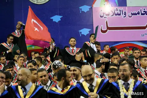 Palestinian students participate in their graduation ceremony at the Islamic University in Gaza city on July 23, 2016. Photo by Mohammed Asad