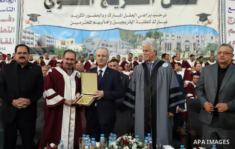 Palestinian Prime Minister Rami Hamdallah attends graduation ceremony at the Palestine Technical University - Kadoorie, in the West Bank city of Tulkarem, on July 28, 2016. Photo by Prime Minister Office