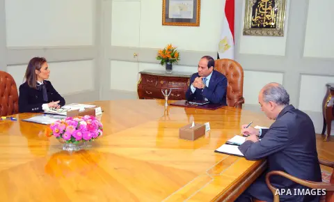 Egyptian President Abdel Fattah al-Sisi meets with Sahar Nasr, Egyptian Minister of International Cooperation, in Cairo, Egypt, on July 31, 2016. Photo by Egyptian President Office