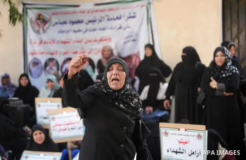 Palestinian families of martyrs take part a protest to demand their rights and salaries, in Gaza city, on August 9, 2016. Photo by Ashraf Amra