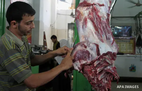 A Palestinian vendor sells meats at his shop in a market in Rafah in the southern Gaza strip, on August 16, 2016. Photo by Abed Rahim Khatib