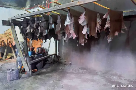 Hides of animals is sorted before drying them, at a leather tannery, in Cairo, Egypt, on August 28, 2016. Photo by Amr Sayed