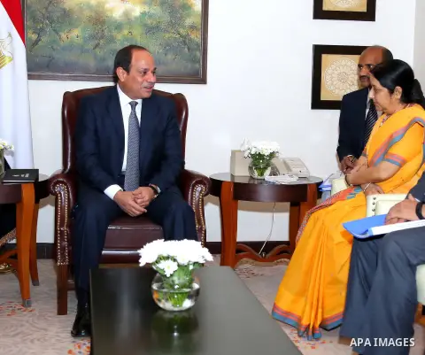 Egyptian President Abdel Fattah El-Sisi meets with Indian Minister of External Affairs, Sushma Swaraj, in New Delhi on September 1, 2016. El-Sisi is on a three-day state visit in India. Photo by Egyptian President Office