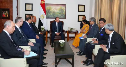 Egyptian President Abdel Fattah El-Sisi meets with Indian Minister of External Affairs, Sushma Swaraj, in New Delhi on September 1, 2016. El-Sisi is on a three-day state visit in India. Photo by Egyptian President Office