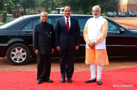 India's Prime Minister Narendra Modi, India's President Pranab Mukherjee and Egypt's President Abdel Fattah al-Sisi pose for a photo during the ceremonial reception at presidential palace in New Delhi on September 2, 201...