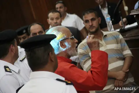 Egyptian Muslim Brotherhood leader Mohammed Badie speaks to judges during his trial in a case known in media as "Rabaa Operations Room", in Cairo, on Sep. 06, 2016. Photo by Amr Sayed