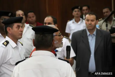 Egyptian Muslim Brotherhood leader Mohammed Badie speaks to judges during his trial in a case known in media as "Rabaa Operations Room", in Cairo, on Sep. 06, 2016. Photo by Amr Sayed
