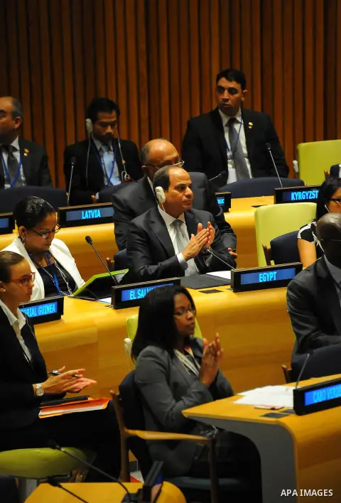 Egyptian President Abdel Fattah al-Sisi speaks during the High-level plenary meeting on addressing large movements of refugees and migrants in the Trusteeship Council Chamber during the 71st session of the United Nations...