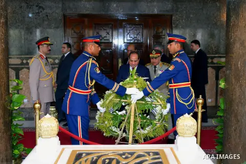 Egyptian President Abdel Fattah al-Sisi visits the graves of the unknown soldier, Egypt's former President Gamal Abdel Nasser, and Egypt's former President Anwar Sadat marking the 43th anniversary of the Oct. 6 Arab-Isra...