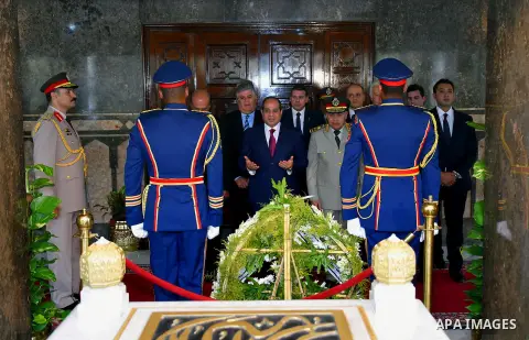 Egyptian President Abdel Fattah al-Sisi visits the graves of the unknown soldier, Egypt's former President Gamal Abdel Nasser, and Egypt's former President Anwar Sadat marking the 43th anniversary of the Oct. 6 Arab-Isra...