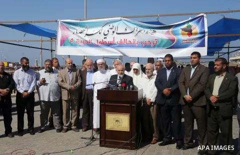 Deputy Speaker of the Legislative Council, Ahmed Bahar speaks during a press conference in the port of Gaza city, on October 6, 2016. Photo by Mohammed Asad