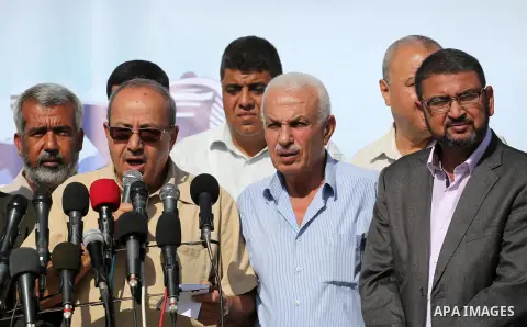 Deputy Speaker of the Legislative Council, Faisal Abu Shahla speaks during a press conference in the port of Gaza city, on October 6, 2016. Photo by Mohammed Asad