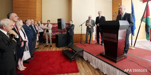 Palestinian Prime Minister Rami Hamdallah speaks during celebrations for German Unity Day, in the West Bank city of Ramallah, on October 06, 2016. Photo by Prime Minister Office