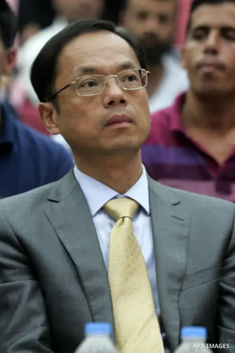 Chinese Ambassador to Palestine, Chen Zhong Xing attends the ceremony of opening the project of Lighting solar homes, in Khan Younis in the southern Gaza strip, on Oct. 06, 2016. Photo by Abed Rahim Khatib