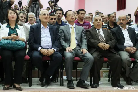 Chinese Ambassador to Palestine, Chen Zhong Xing and former Palestinian chief negotiator and member of the Central Committee of Fatah, Nabil Shaath attend the ceremony of opening the project of Lighting solar homes, in K...
