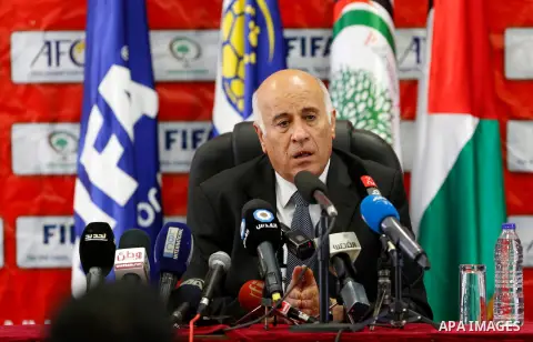 Palestinian Football Association (PFA) head Jibril Rajoub holds a press conference on October 12, 2016 at Joseph Sepp Blatter Academy in the West Bank city of Ramallah. Photo by Shadi Hatem