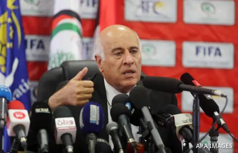 Palestinian Football Association (PFA) head Jibril Rajoub holds a press conference on October 12, 2016 at Joseph Sepp Blatter Academy in the West Bank city of Ramallah. Photo by Shadi Hatem