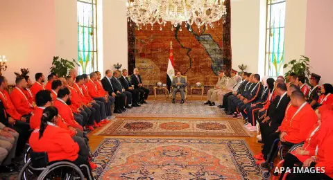 Egyptian President Abdel Fattah al-Sisi honors Egypt champions in Olympics and Paralympics athletes, in Cairo, Egypt, on Oct. 12, 2016. Photo by Egyptian President Office