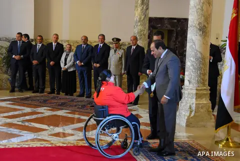 Egyptian President Abdel Fattah al-Sisi honors Egypt champions in Olympics and Paralympics athletes, in Cairo, Egypt, on Oct. 12, 2016. Photo by Egyptian President Office