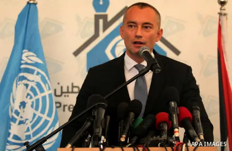 Nikolay Mladenov, United Nations Special Coordinator for the Middle East Peace Process, speaks during a press conference, in Gaza city on October 13, 2016. Photo by Ashraf Amra