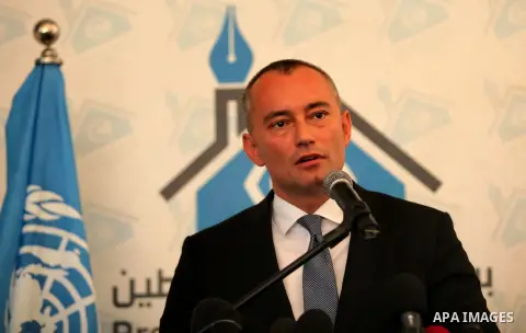 Nikolay Mladenov, United Nations Special Coordinator for the Middle East Peace Process, speaks during a press conference, in Gaza city on October 13, 2016. Photo by Ashraf Amra