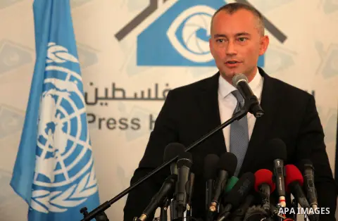 Nikolay Mladenov, United Nations Special Coordinator for the Middle East Peace Process, speaks during a press conference, in Gaza city on October 13, 2016. Photo by Ashraf Amra