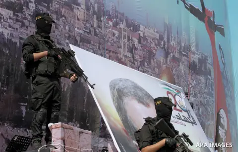 Palestinian Islamic Jihad militants stand guard during a rally marking the 29th anniversary of the movement foundation in Gaza City October 21, 2016. Photo by Abed Rahim Khatib