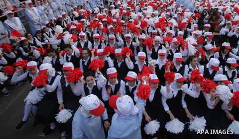 Palestinian students celebrate after winning the Best School Competition "challenge the Arab reading" of the more than 30 thousand schools in the Arab world, in the West Bank city of Nablus, on October 24, 2016. Photo by...