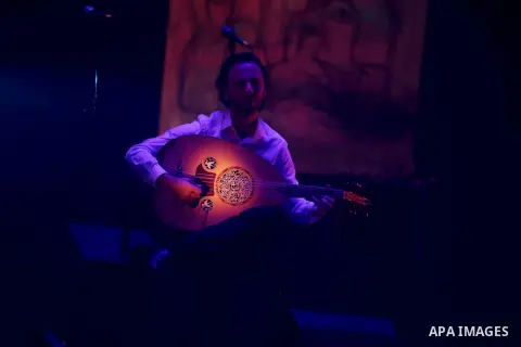 A member of Le Trio Joubran plays on oud during the longest marathon of art, organized by Le Trio Joubran which lasted for 12 hours non-stop in the West Bank city of Ramallah, on Oct. 26, 2016. Samir Jubran said that the...
