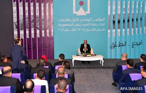 Egyptian President Abdel Fattah al-Sisi speaks during the the first national youth conference in the Red Sea resort of Sharm Al-Sheikh, in the South Sinai governorate, south of Cairo, Egypt, on Oct. 26, 2016. Photo by Eg...